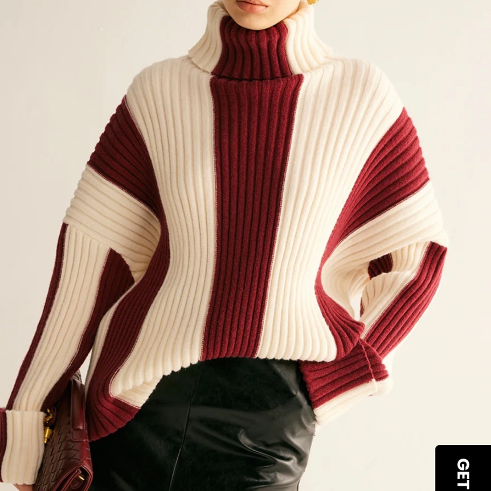 Commense Ribbed Colorblock Turtleneck Sweater in Cream & Burgundy